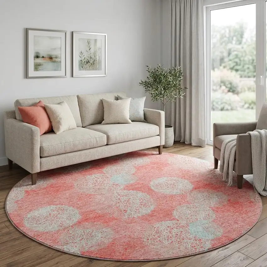8' Salmon And Ivory Abstract Washable Round Rug With UV Protection Photo 1