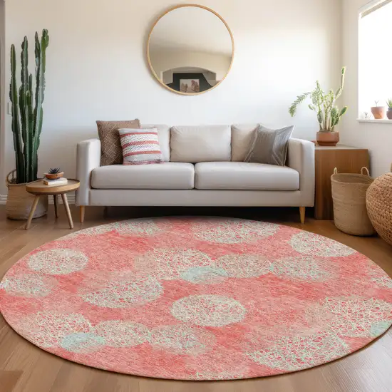 8' Salmon And Ivory Abstract Washable Round Rug With UV Protection Photo 4