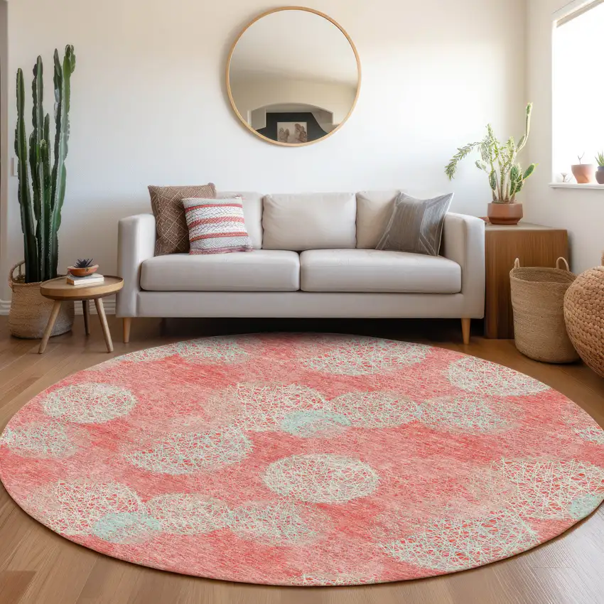 8' Salmon And Ivory Abstract Washable Round Rug With UV Protection Photo 4