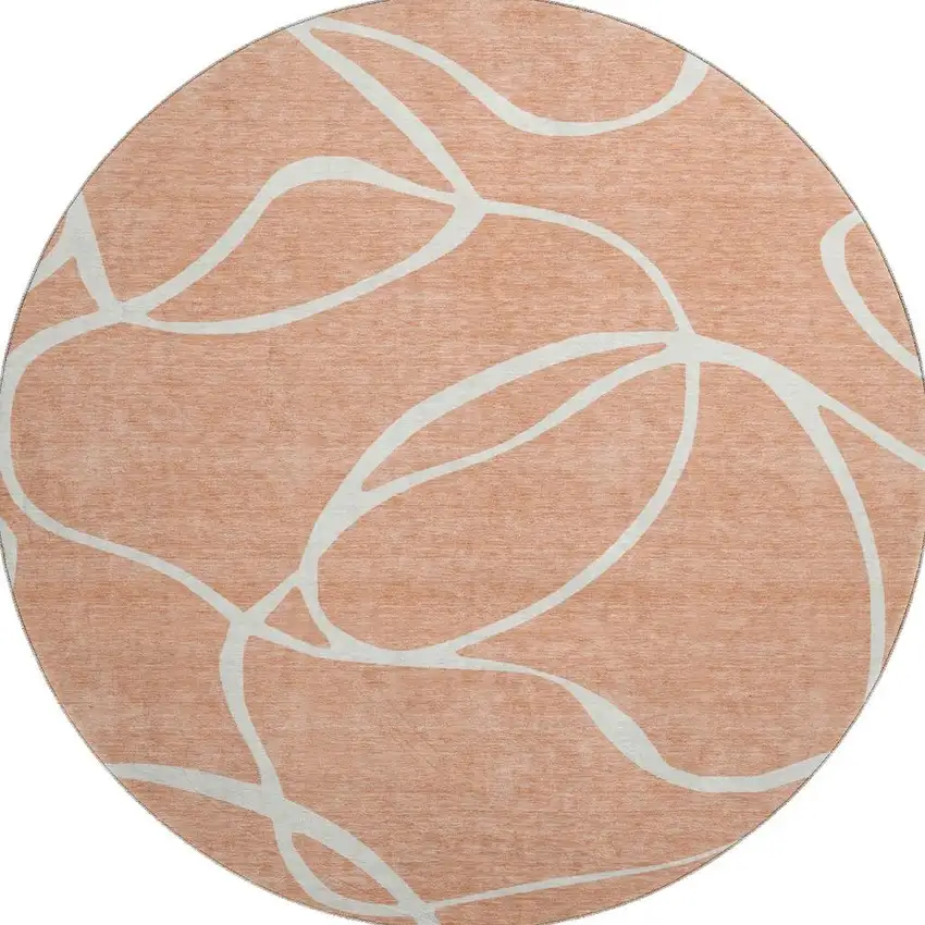 8' Salmon And Ivory Abstract Washable Round Rug With UV Protection Photo 3