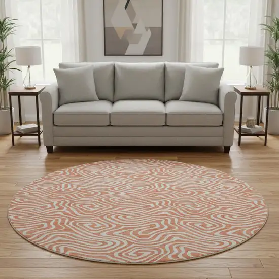 8' Salmon And Ivory Abstract Washable Round Rug With UV Protection Photo 2
