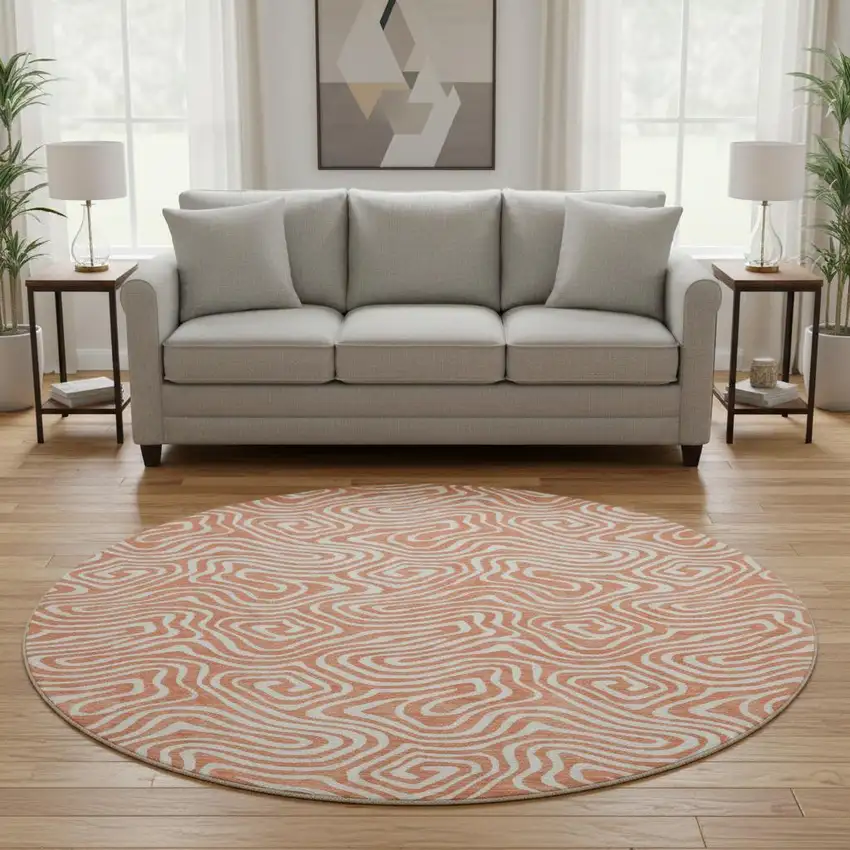 8' Salmon And Ivory Abstract Washable Round Rug With UV Protection Photo 2