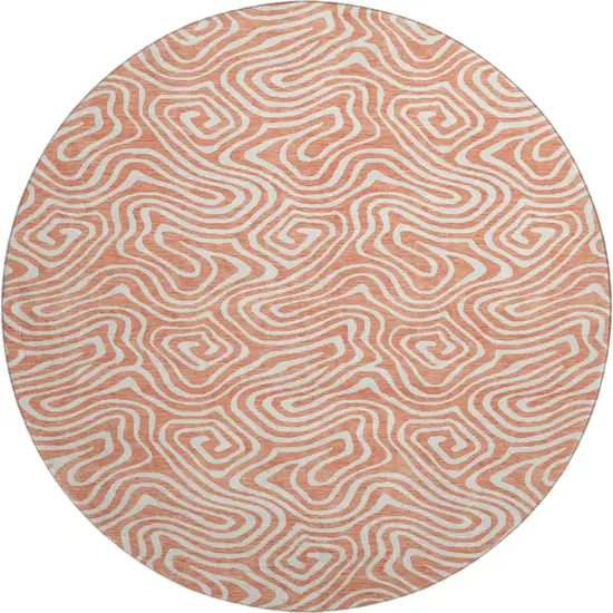 8' Salmon And Ivory Abstract Washable Round Rug With UV Protection Photo 1