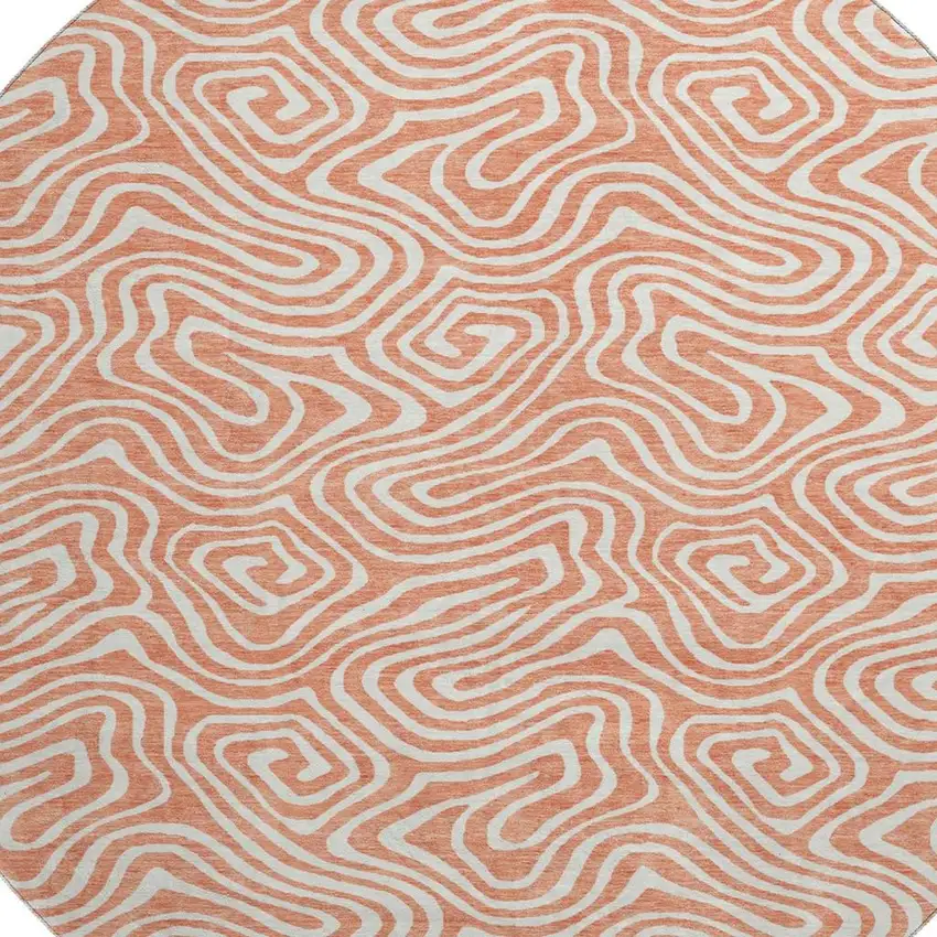 8' Salmon And Ivory Abstract Washable Round Rug With UV Protection Photo 2