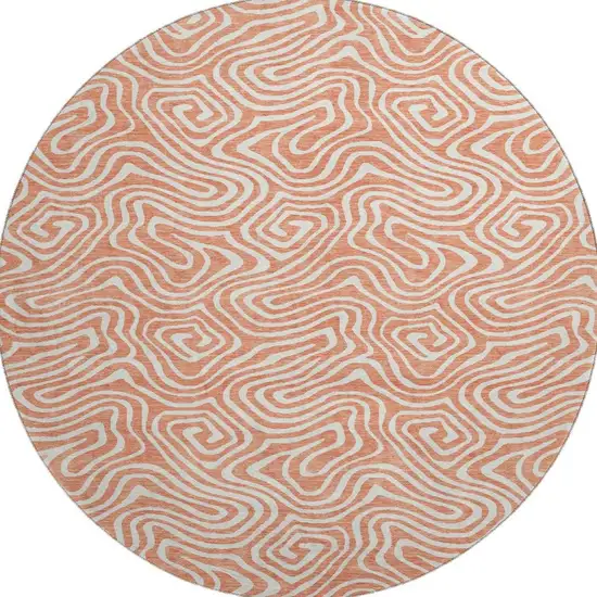 8' Salmon And Ivory Abstract Washable Round Rug With UV Protection Photo 3