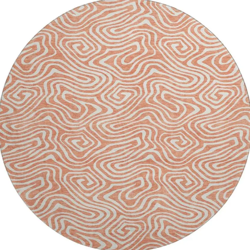 8' Salmon And Ivory Abstract Washable Round Rug With UV Protection Photo 3