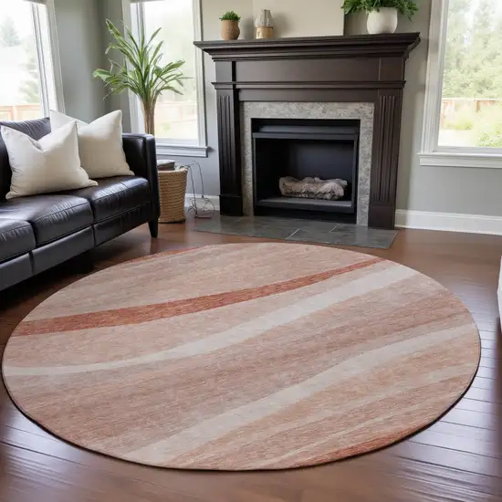 8' Salmon And Ivory Abstract Washable Round Rug With UV Protection Photo 4