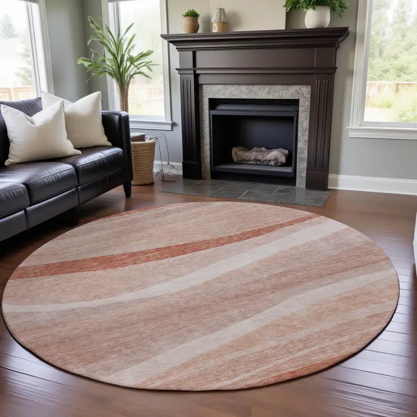 8' Salmon And Ivory Abstract Washable Round Rug With UV Protection Photo 4
