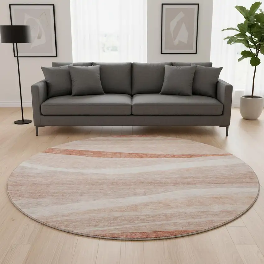 8' Salmon And Ivory Abstract Washable Round Rug With UV Protection Photo 2