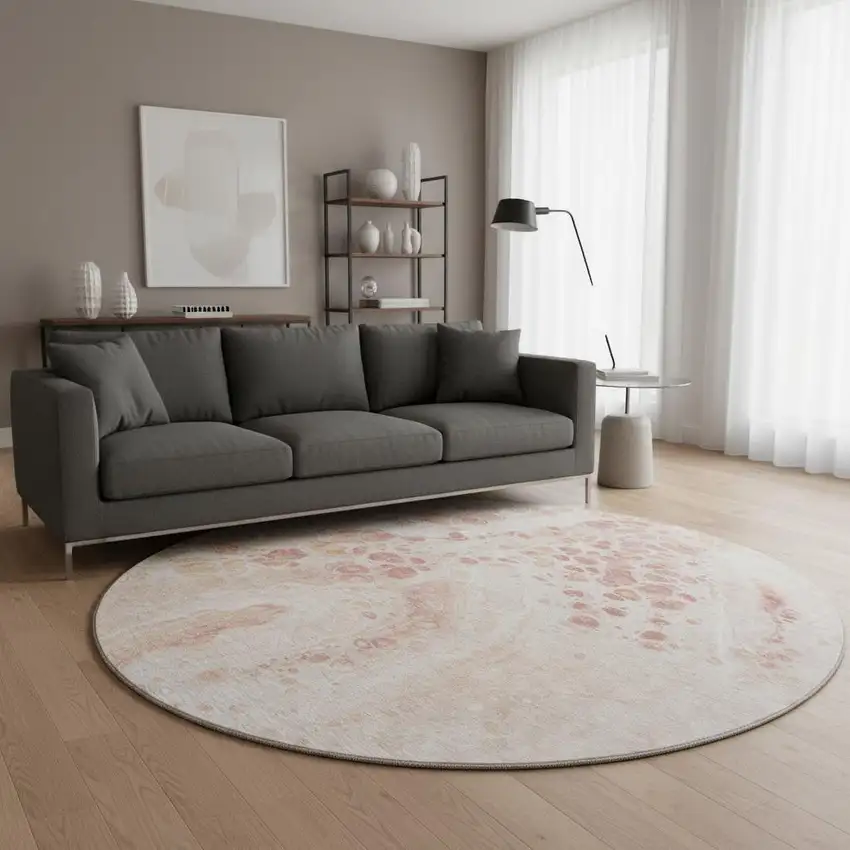 8' Salmon And Ivory Abstract Washable Round Rug With UV Protection Photo 2