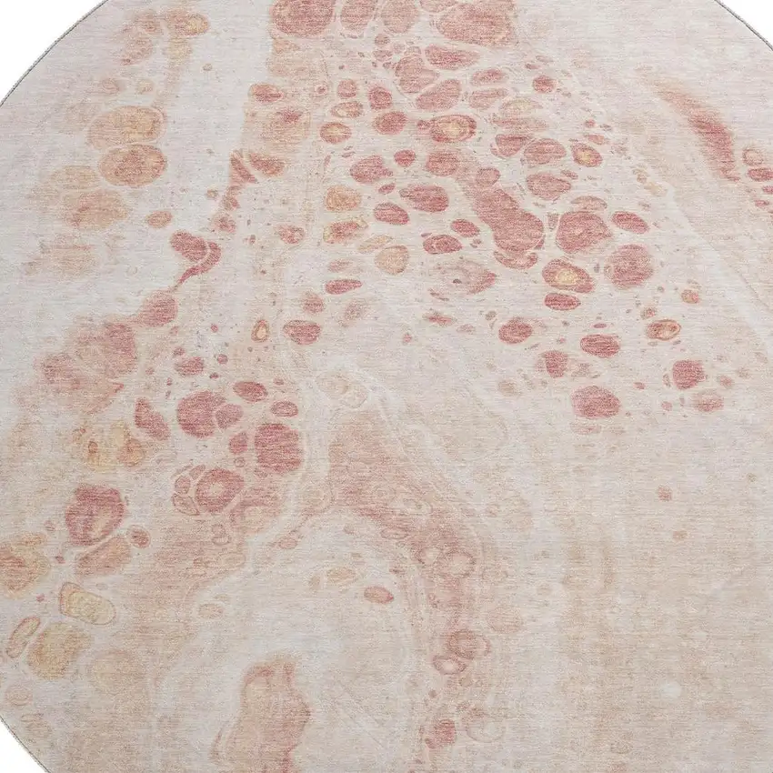 8' Salmon And Ivory Abstract Washable Round Rug With UV Protection Photo 3