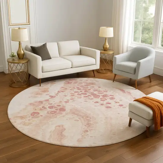 8' Salmon And Ivory Abstract Washable Round Rug With UV Protection Photo 5
