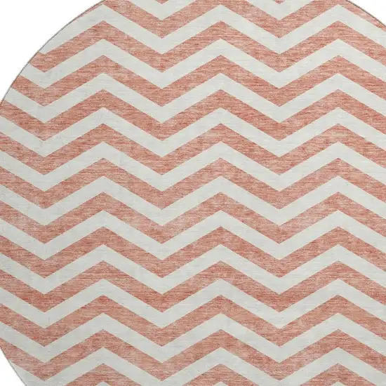 8' Salmon And Ivory Chevron Washable Round Rug With UV Protection Photo 2