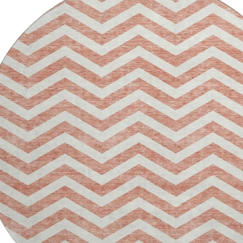8' Salmon And Ivory Chevron Washable Round Rug With UV Protection Photo 2