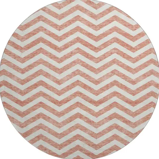 8' Salmon And Ivory Chevron Washable Round Rug With UV Protection Photo 3