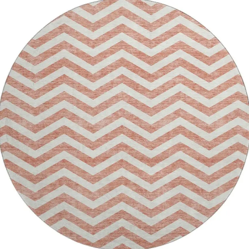 8' Salmon And Ivory Chevron Washable Round Rug With UV Protection Photo 3