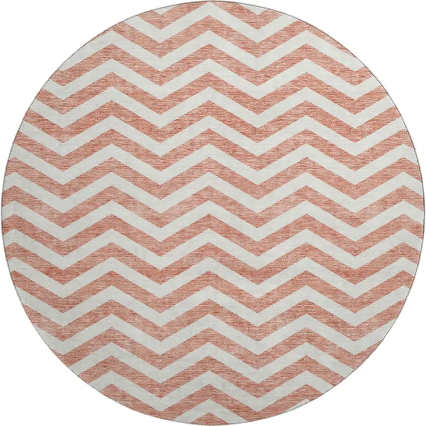 8' Salmon And Ivory Chevron Washable Round Rug With UV Protection Photo 1