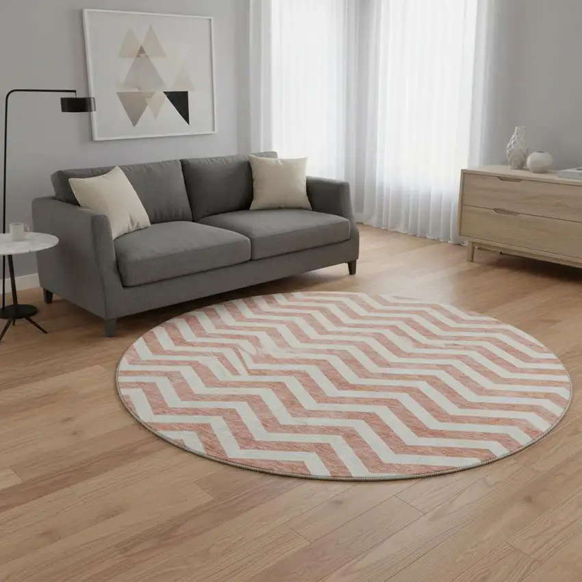 8' Salmon And Ivory Chevron Washable Round Rug With UV Protection Photo 2