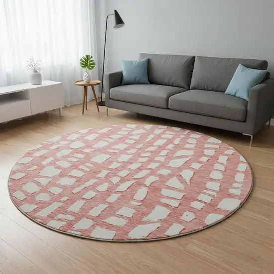 8' Salmon And Ivory Cobblestone Washable Round Rug With UV Protection Photo 2