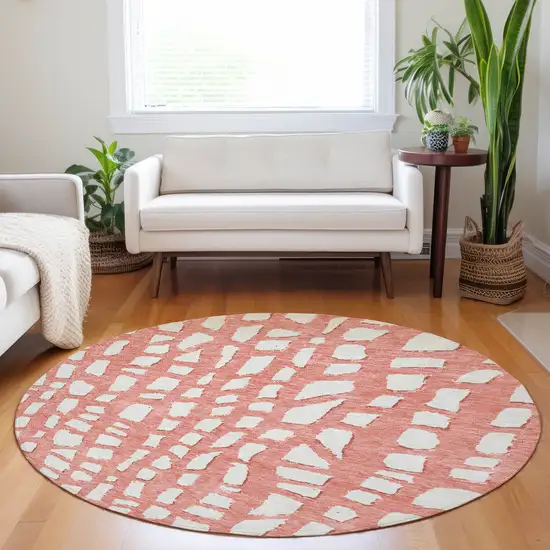 8' Salmon And Ivory Cobblestone Washable Round Rug With UV Protection Photo 5