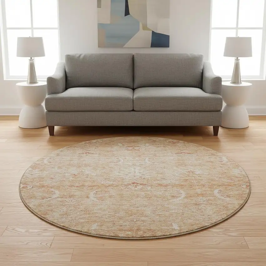 8' Salmon And Ivory Damask Washable Round Rug With UV Protection Photo 2