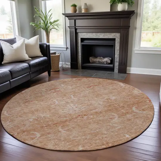 8' Salmon And Ivory Damask Washable Round Rug With UV Protection Photo 4
