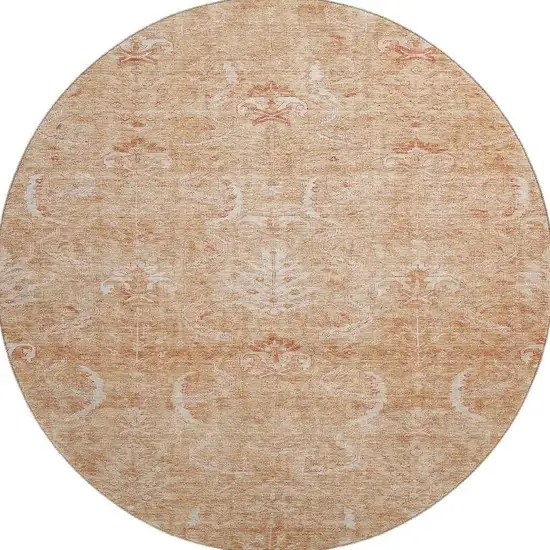 8' Salmon And Ivory Damask Washable Round Rug With UV Protection Photo 3