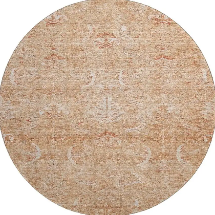 8' Salmon And Ivory Damask Washable Round Rug With UV Protection Photo 3