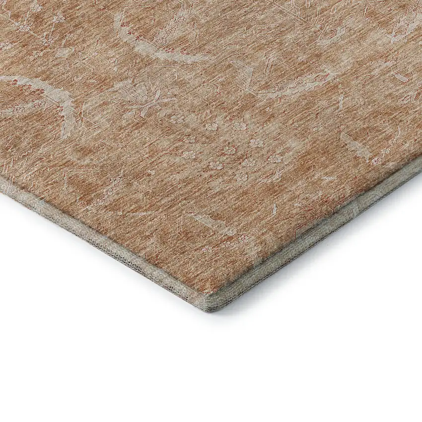 8' Salmon And Ivory Damask Washable Round Rug With UV Protection Photo 6