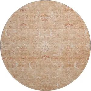 Photo of 8' Salmon And Ivory Damask Washable Round Rug With UV Protection