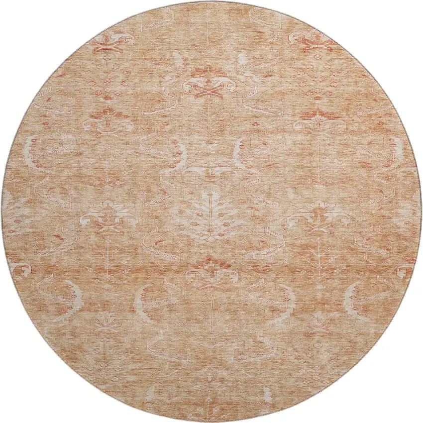 8' Salmon And Ivory Damask Washable Round Rug With UV Protection Photo 1