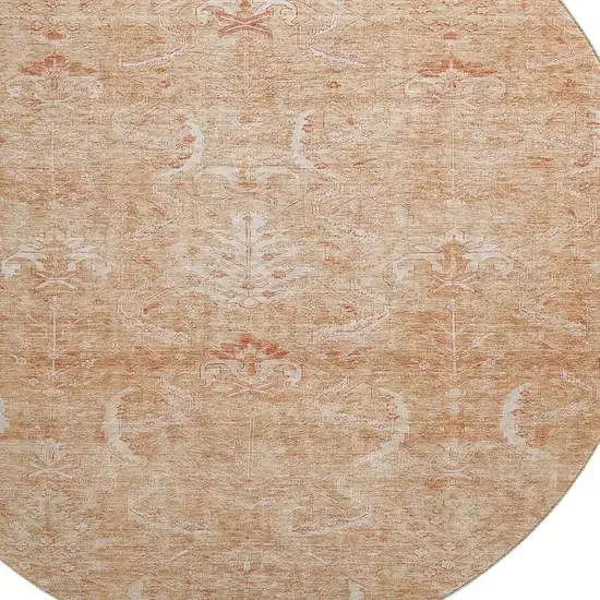 8' Salmon And Ivory Damask Washable Round Rug With UV Protection Photo 2