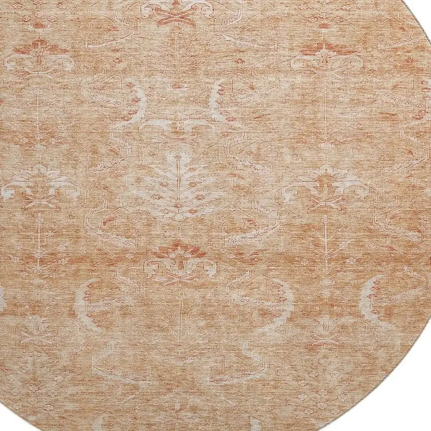 8' Salmon And Ivory Damask Washable Round Rug With UV Protection Photo 2