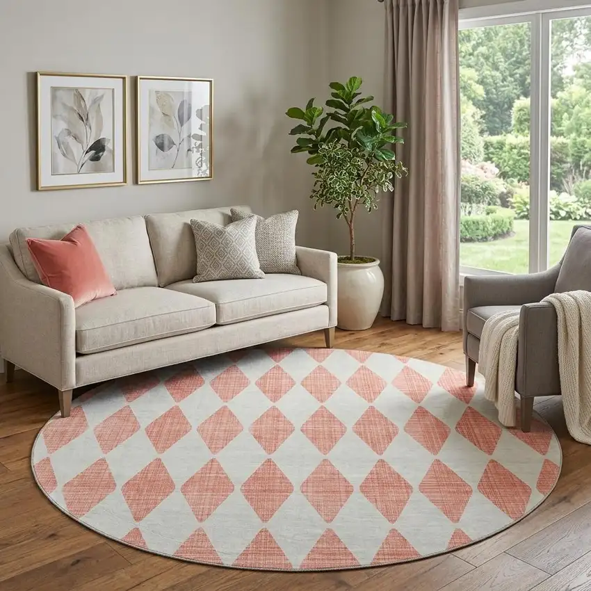 8' Salmon And Ivory Diamond Washable Round Rug With UV Protection Photo 1