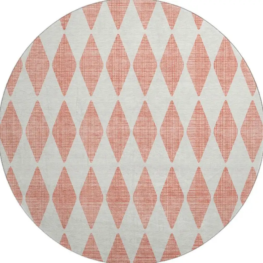 8' Salmon And Ivory Diamond Washable Round Rug With UV Protection Photo 4