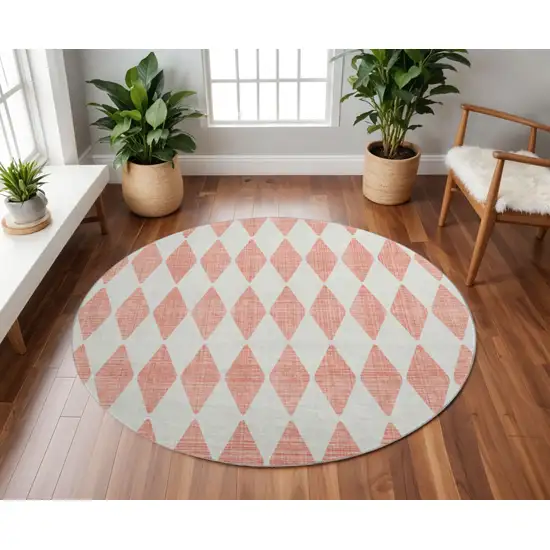 8' Salmon And Ivory Diamond Washable Round Rug With UV Protection Photo 2