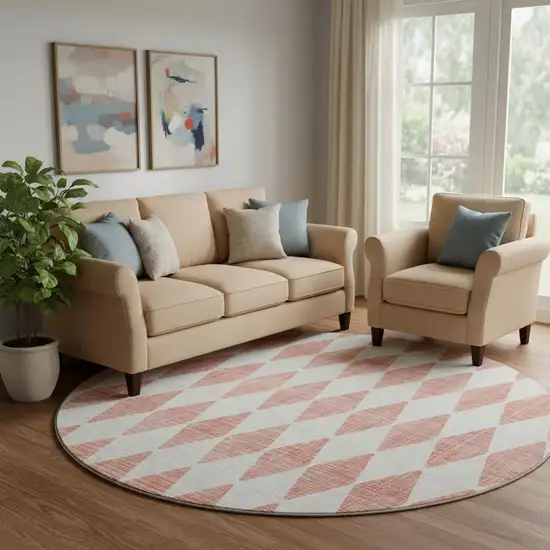 8' Salmon And Ivory Diamond Washable Round Rug With UV Protection Photo 1
