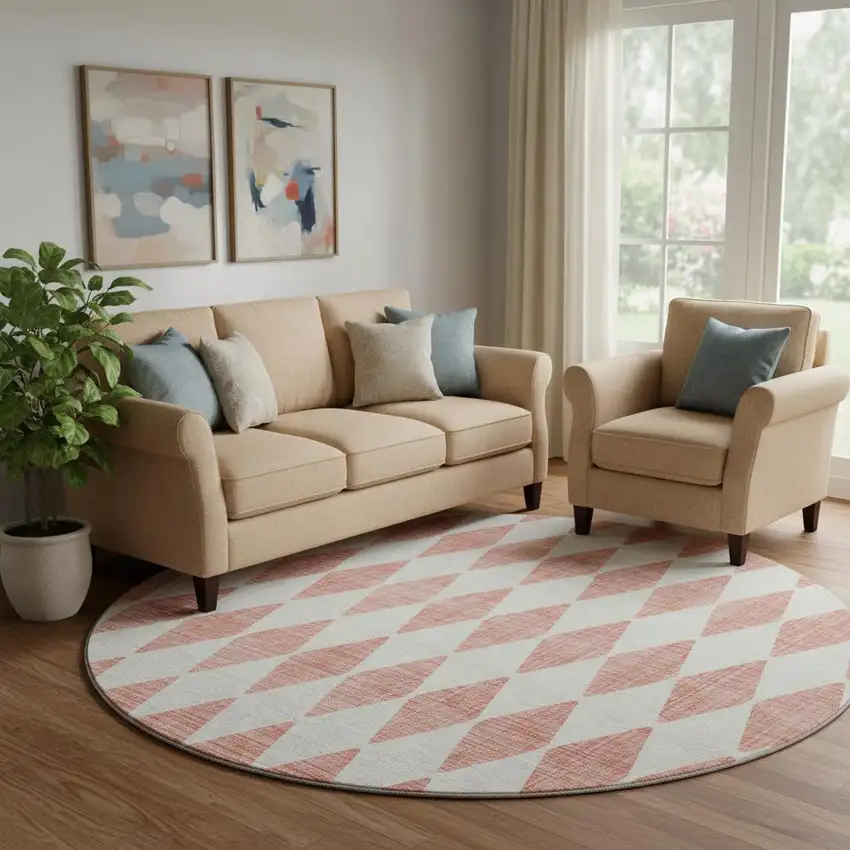 8' Salmon And Ivory Diamond Washable Round Rug With UV Protection Photo 1