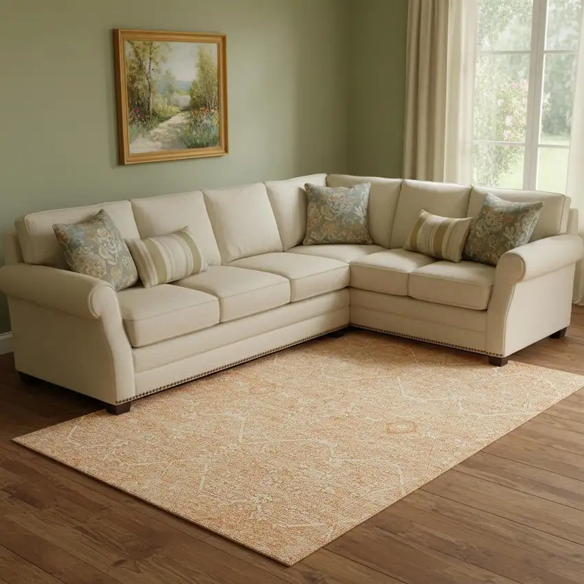 8' Salmon And Ivory Floral Washable Area Rug With UV Protection Photo 2