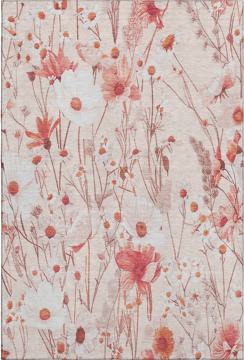 8' Salmon And Ivory Floral Washable Area Rug With UV Protection Photo 1