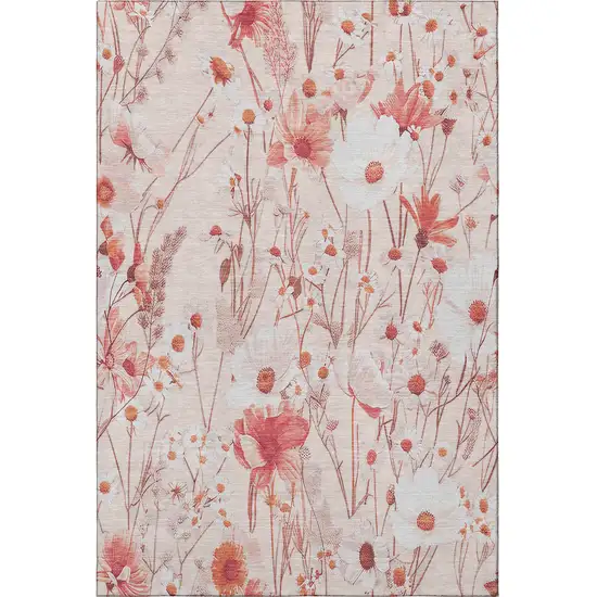8' Salmon And Ivory Floral Washable Area Rug With UV Protection Photo 3