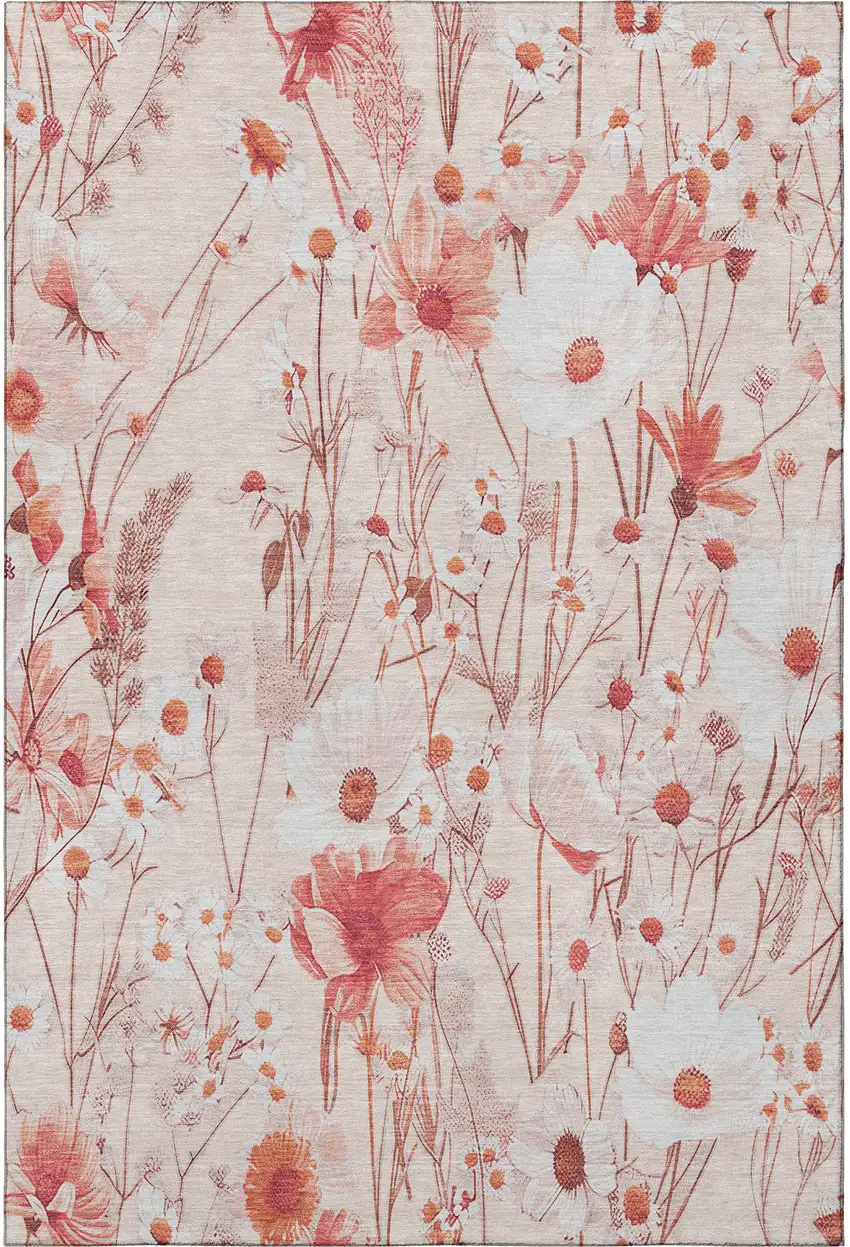 8' Salmon And Ivory Floral Washable Area Rug With UV Protection Photo 3