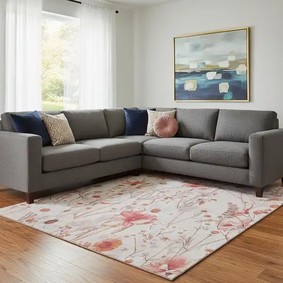 8' Salmon And Ivory Floral Washable Area Rug With UV Protection Photo 2