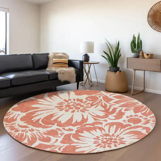 8' Salmon And Ivory Floral Washable Round Rug With UV Protection Photo 5