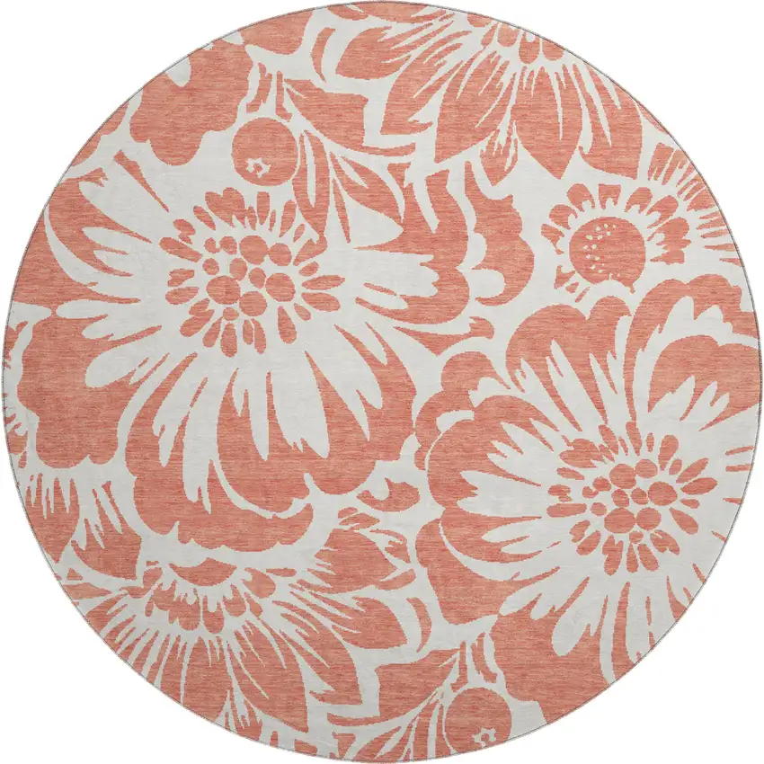 8' Salmon And Ivory Floral Washable Round Rug With UV Protection Photo 1