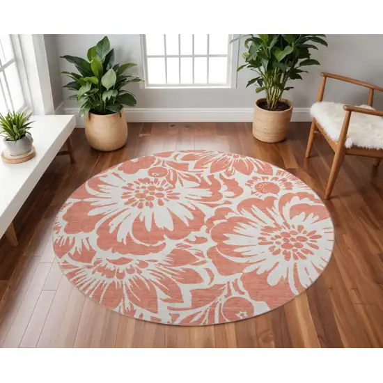 8' Salmon And Ivory Floral Washable Round Rug With UV Protection Photo 2