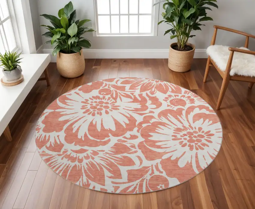 8' Salmon And Ivory Floral Washable Round Rug With UV Protection Photo 2