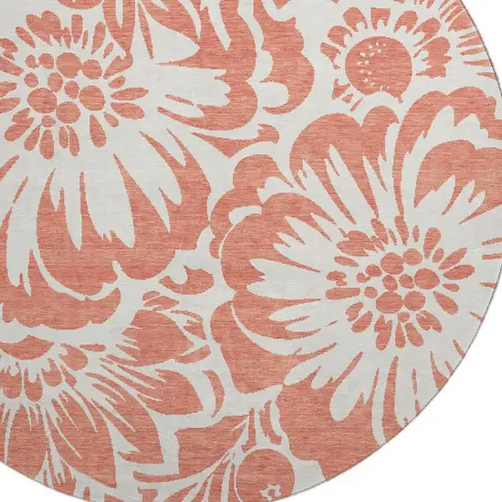 8' Salmon And Ivory Floral Washable Round Rug With UV Protection Photo 3