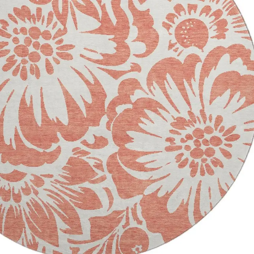 8' Salmon And Ivory Floral Washable Round Rug With UV Protection Photo 3