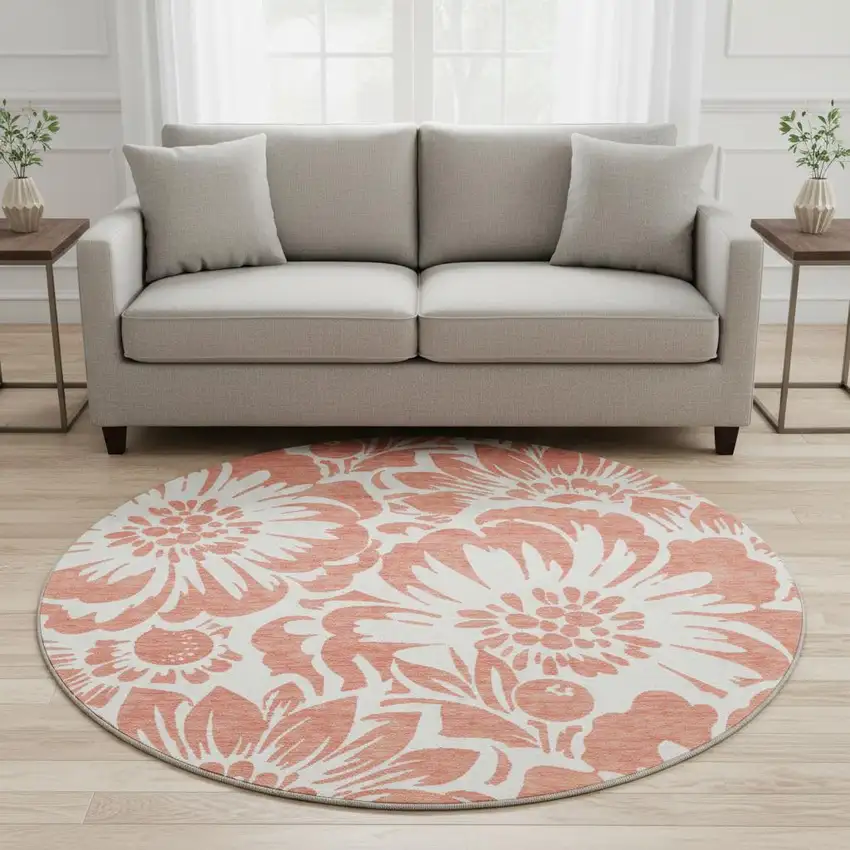 8' Salmon And Ivory Floral Washable Round Rug With UV Protection Photo 1